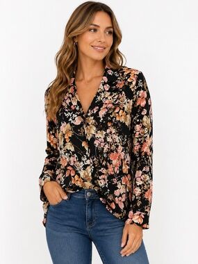 J. Jill Black Floral Button Front Blouse Size M
